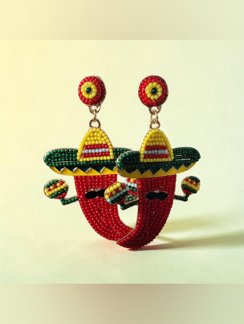 Beaded Chili Pepper Sombrero Earrings - Red, Green, Yellow - Picture 2 of 2